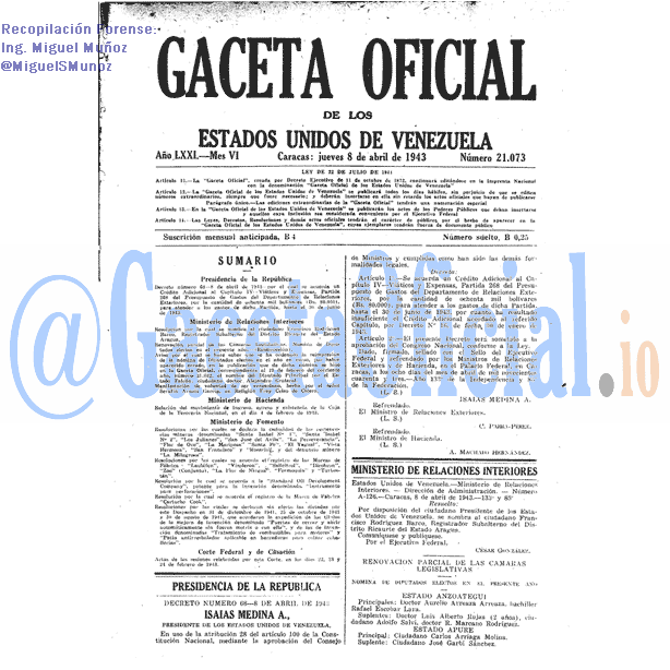 Gaceta Oficial 21073 del 8 Abril 1943