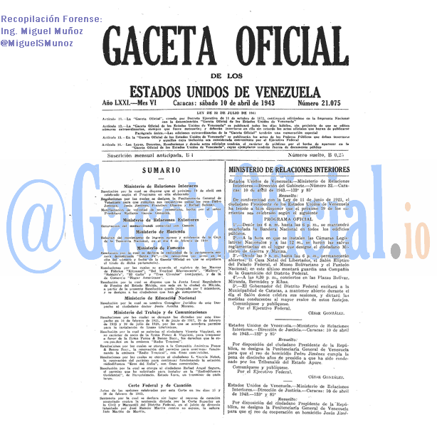 Gaceta Oficial 21075 del 10 Abril 1943