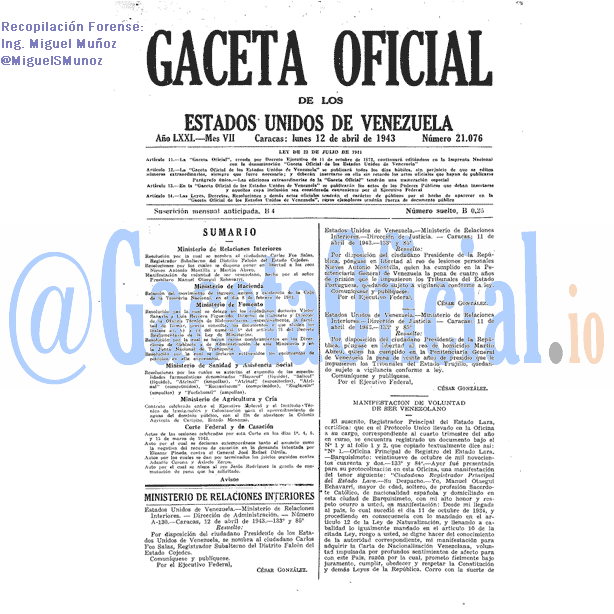Gaceta Oficial 21076 del 12 Abril 1943