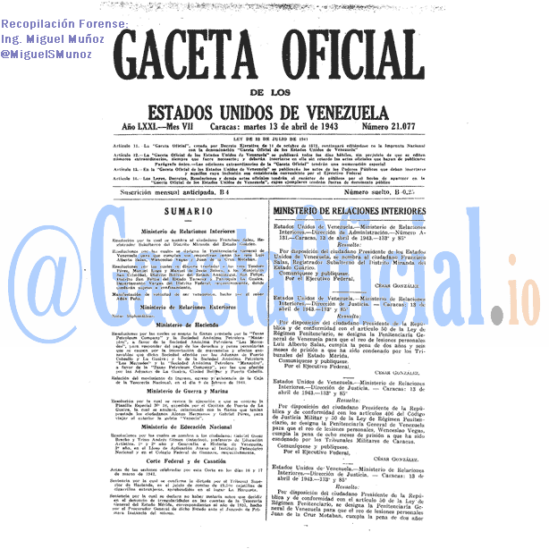 Gaceta Oficial 21077 del 13 Abril 1943