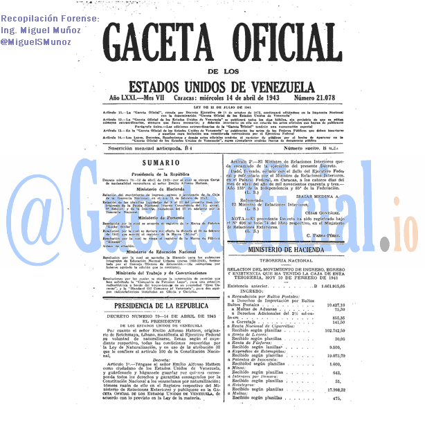 Gaceta Oficial 21078 del 14 Abril 1943