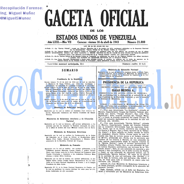 Gaceta Oficial 21080 del 16 Abril 1943