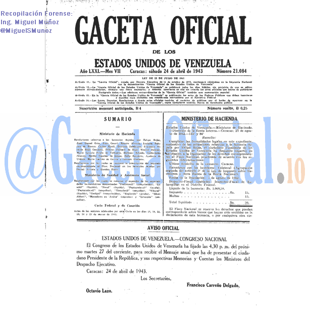 Gaceta Oficial 21084 del 24 Abril 1943