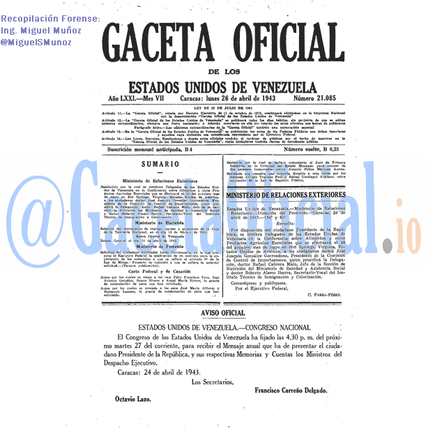 Gaceta Oficial 21085 del 26 Abril 1943