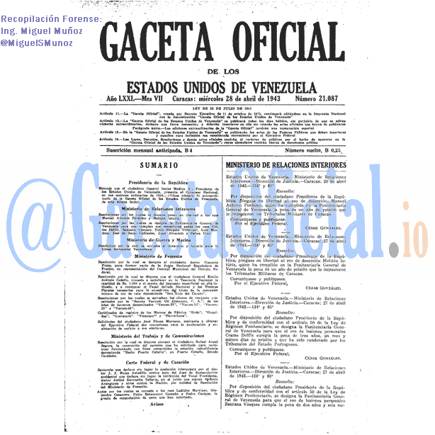 Gaceta Oficial 21087 del 28 Abril 1943