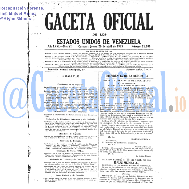 Gaceta Oficial 21088 del 29 Abril 1943