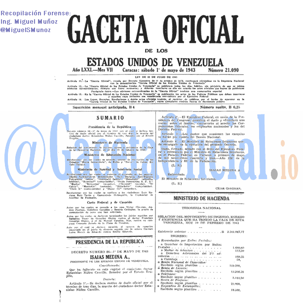 Gaceta Oficial 21090 del 1 Mayo 1943