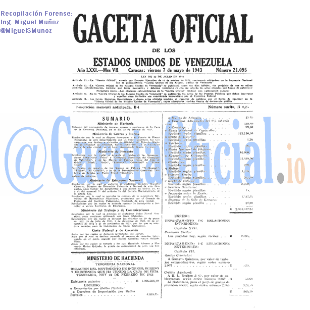 Gaceta Oficial 21095 del 7 Mayo 1943