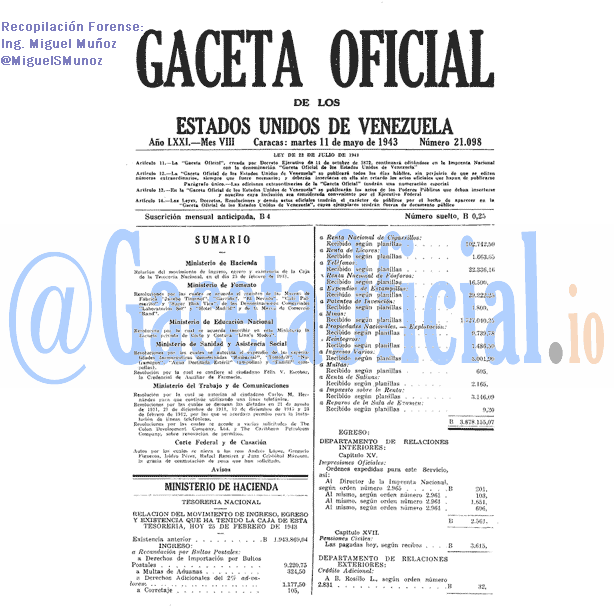 Gaceta Oficial 21098 del 11 Mayo 1943