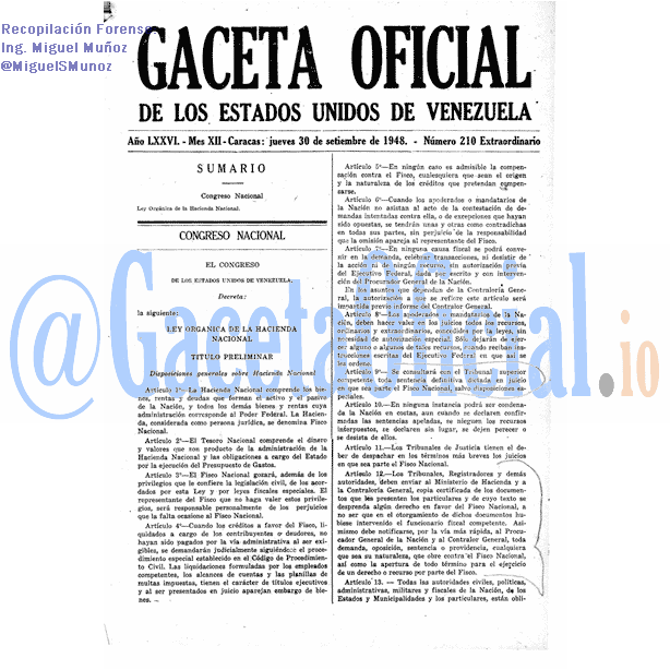 Gaceta Oficial 210 del 30 Septiembre 1948