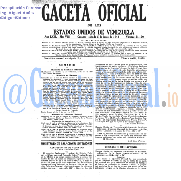Gaceta Oficial 21120 del 5 Junio 1943