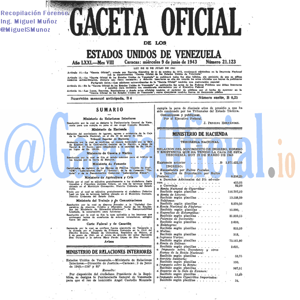 Gaceta Oficial 21123 del 9 Junio 1943