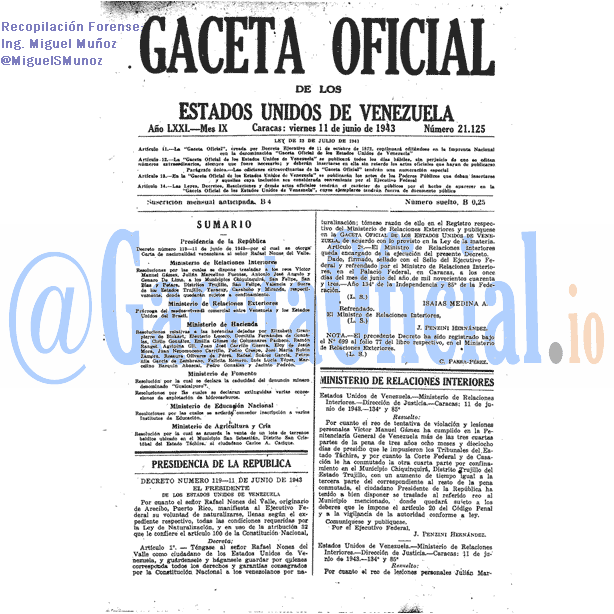 Gaceta Oficial 21125 del 11 Junio 1943