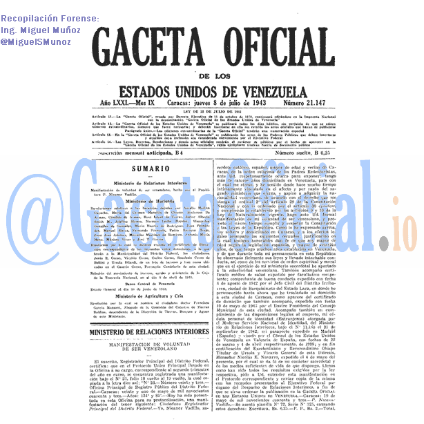 Gaceta Oficial 21147 del 8 Julio 1943