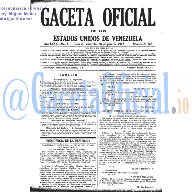 Gaceta Oficial 21163 del 28 Julio 1943
