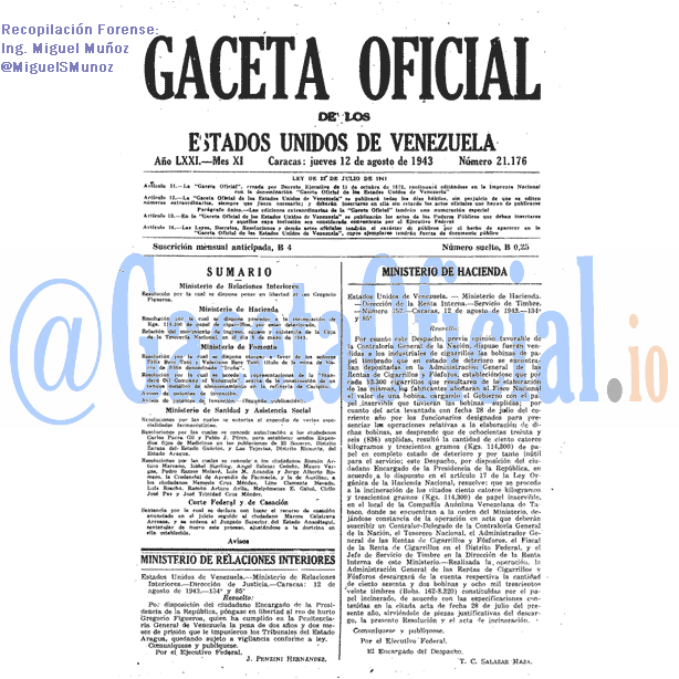 Gaceta Oficial 21176 del 12 Agosto 1943
