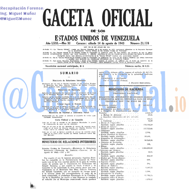 Gaceta Oficial 21178 del 14 Agosto 1943