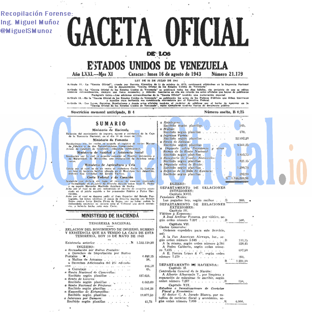 Gaceta Oficial 21179 del 16 Agosto 1943