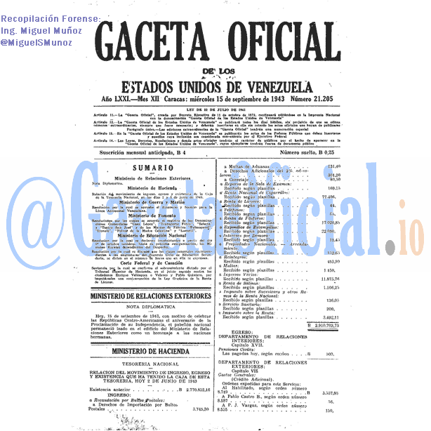 Gaceta Oficial 21205 del 15 Septiembre 1943