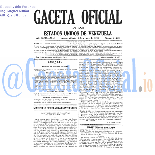 Gaceta Oficial 21231 del 16 Octubre 1943