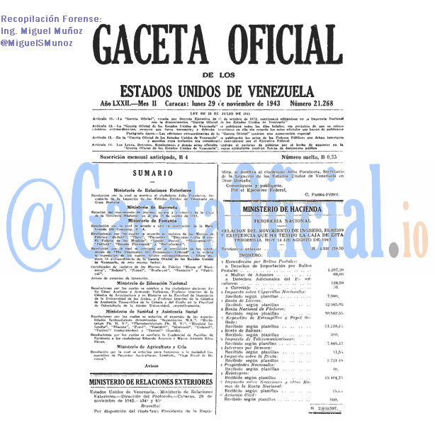 Gaceta Oficial 21268 del 29 Noviembre 1943