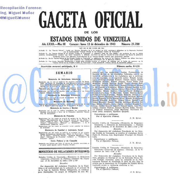 Gaceta Oficial 21280 del 13 Diciembre 1943