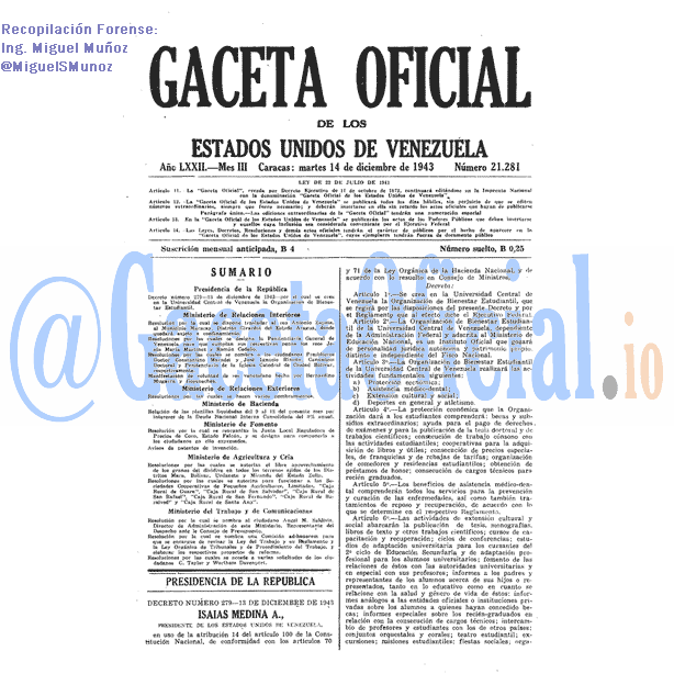 Gaceta Oficial 21281 del 14 Diciembre 1943