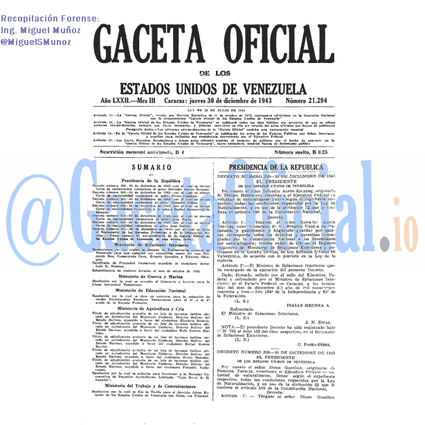 Gaceta Oficial 21294 del 30 Diciembre 1943