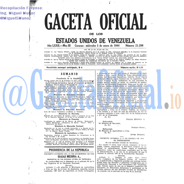 Gaceta Oficial 21298 del 5 Enero 1944