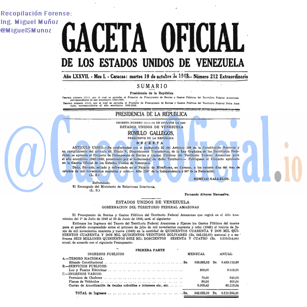 Gaceta Oficial 212 del 19 Octubre 1948