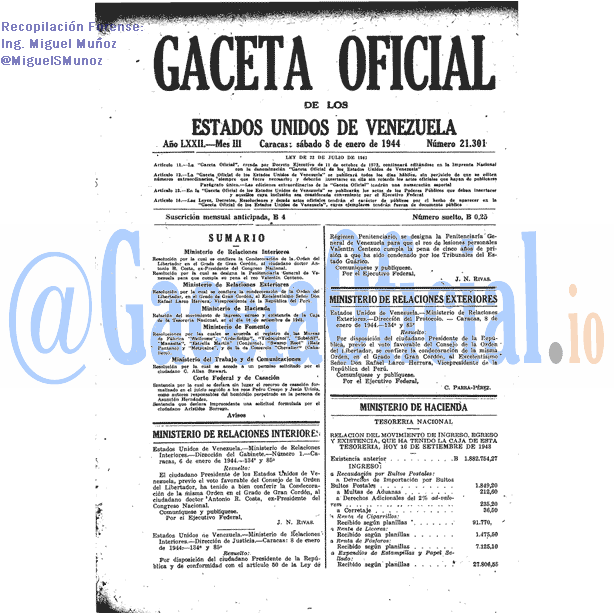 Gaceta Oficial 21301 del 8 Enero 1944