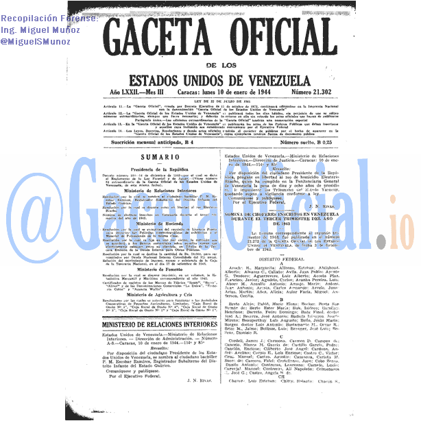 Gaceta Oficial 21302 del 10 Enero 1944