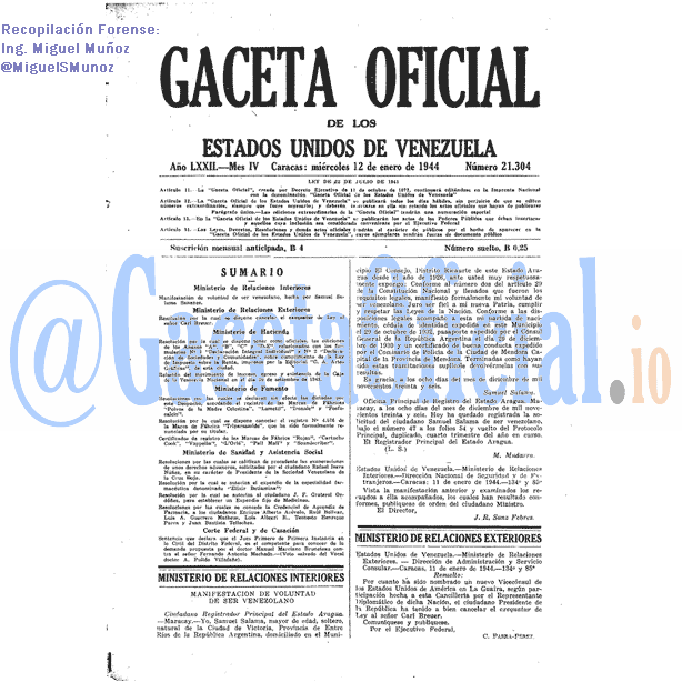 Gaceta Oficial 21304 del 12 Enero 1944