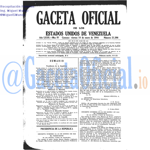 Gaceta Oficial 21306 del 14 Enero 1944