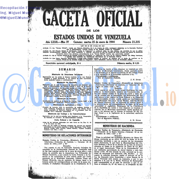 Gaceta Oficial 21315 del 25 Enero 1944