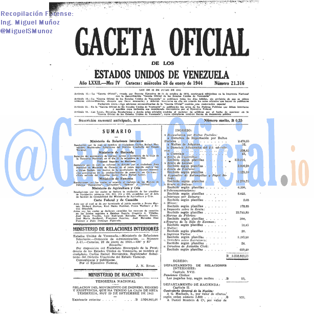 Gaceta Oficial 21316 del 26 Enero 1944