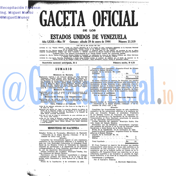 Gaceta Oficial 21319 del 29 Enero 1944
