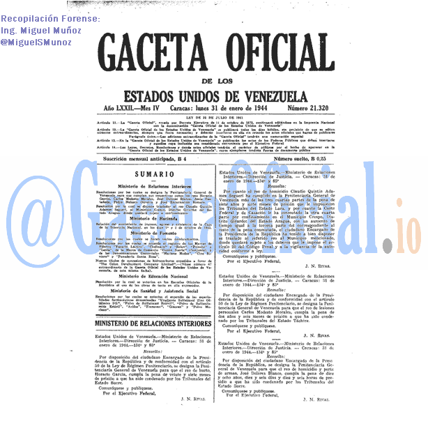 Gaceta Oficial 21320 del 31 Enero 1944
