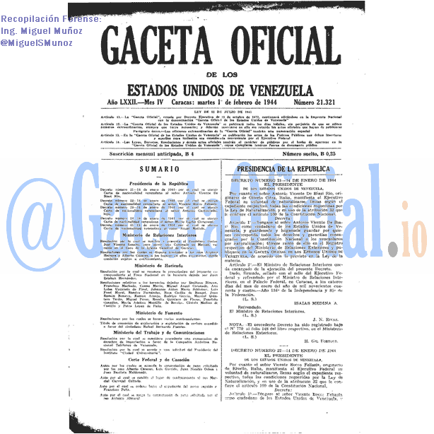 Gaceta Oficial 21321 del 1 Febrero 1944