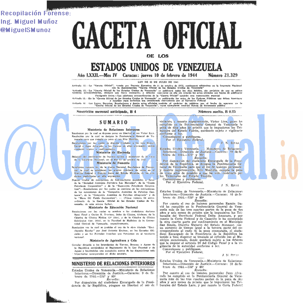 Gaceta Oficial 21329 del 10 Febrero 1944
