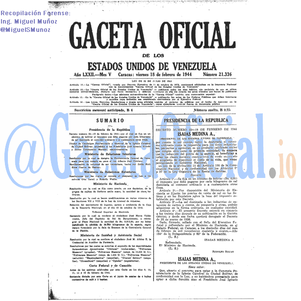 Gaceta Oficial 21336 del 18 Febrero 1944