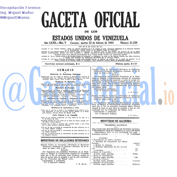 Gaceta Oficial 21339 del 22 Febrero 1944