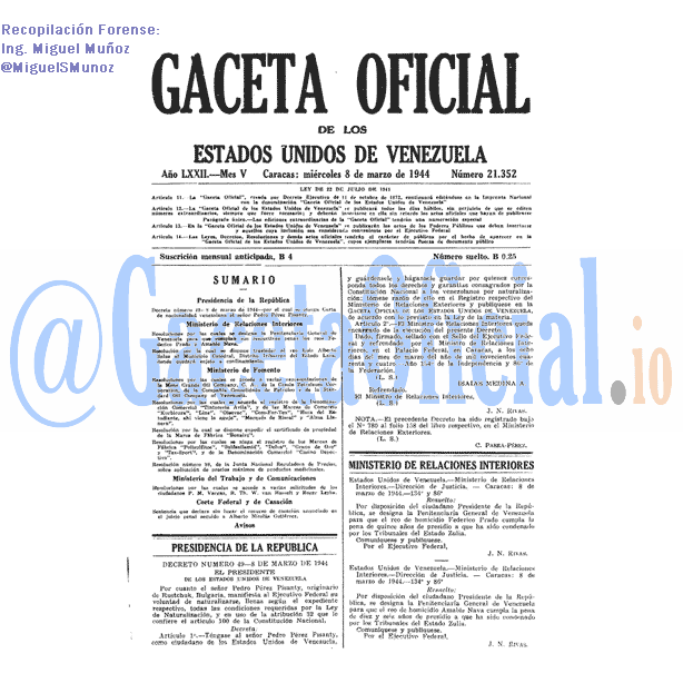 Gaceta Oficial 21352 del 8 Marzo 1944