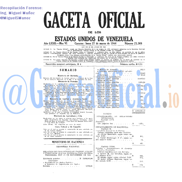 Gaceta Oficial 21368 del 27 Marzo 1944