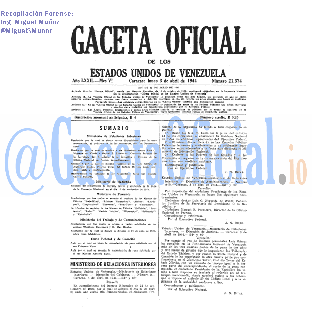 Gaceta Oficial 21374 del 3 Abril 1944