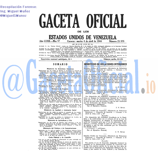 Gaceta Oficial 21375 del 4 Abril 1944