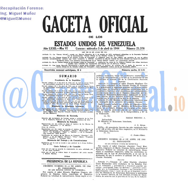Gaceta Oficial 21376 del 5 Abril 1944