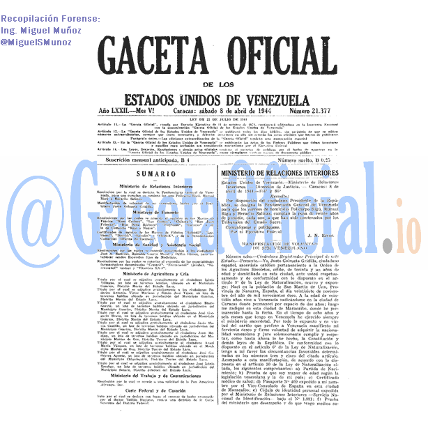 Gaceta Oficial 21377 del 8 Abril 1944