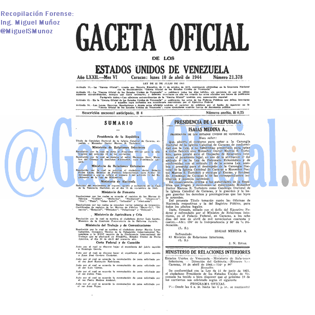 Gaceta Oficial 21378 del 10 Abril 1944