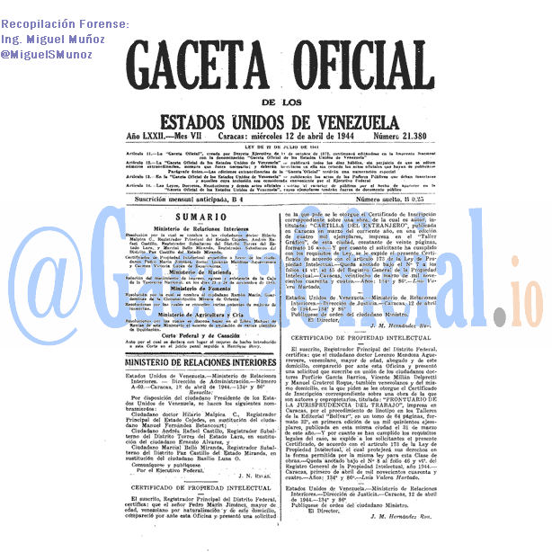 Gaceta Oficial 21380 del 12 Abril 1944